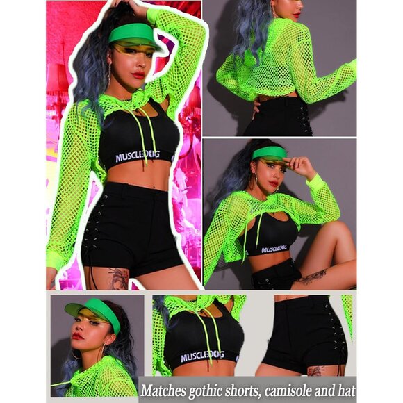🆕Women’s Green Mesh Hoodie Crop Top Long Sleeve Fishnet Shirt Polyester - Picture 2 of 7